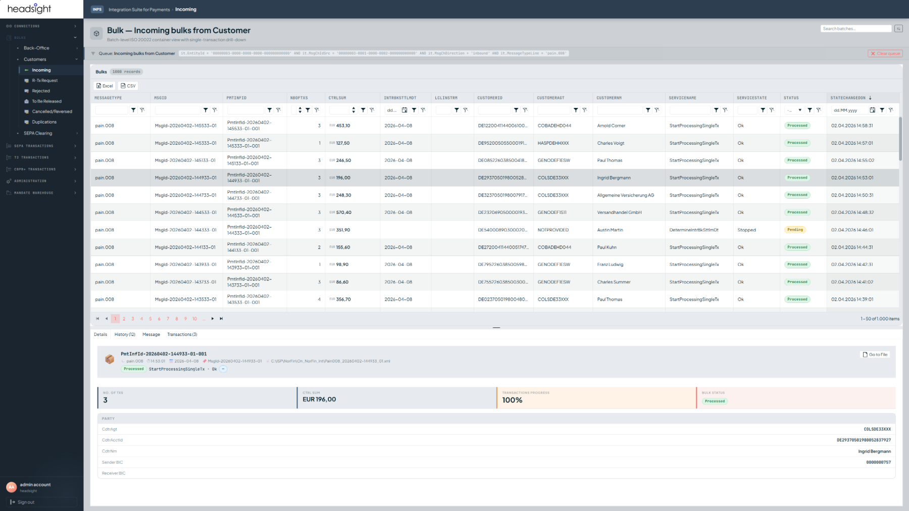 INPS bulk processing view